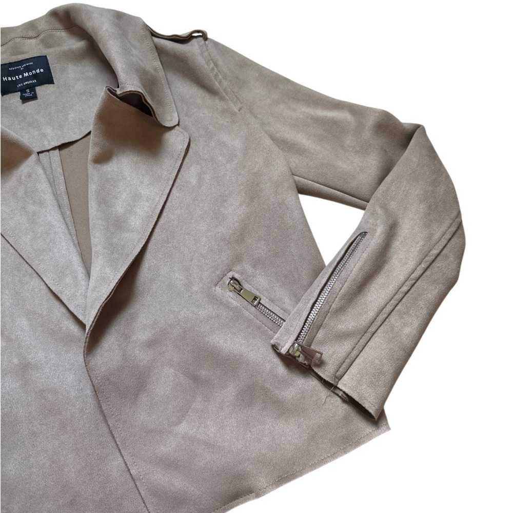 Suede Taupe Beige Blazer Jacket Sz S Minimalist Business Casual Zip Pockets - Picture 7 of 12